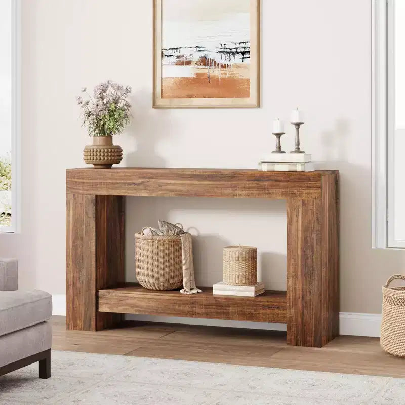 Console à 2 niveaux de 47 po avec étagère de rangement, style rustique