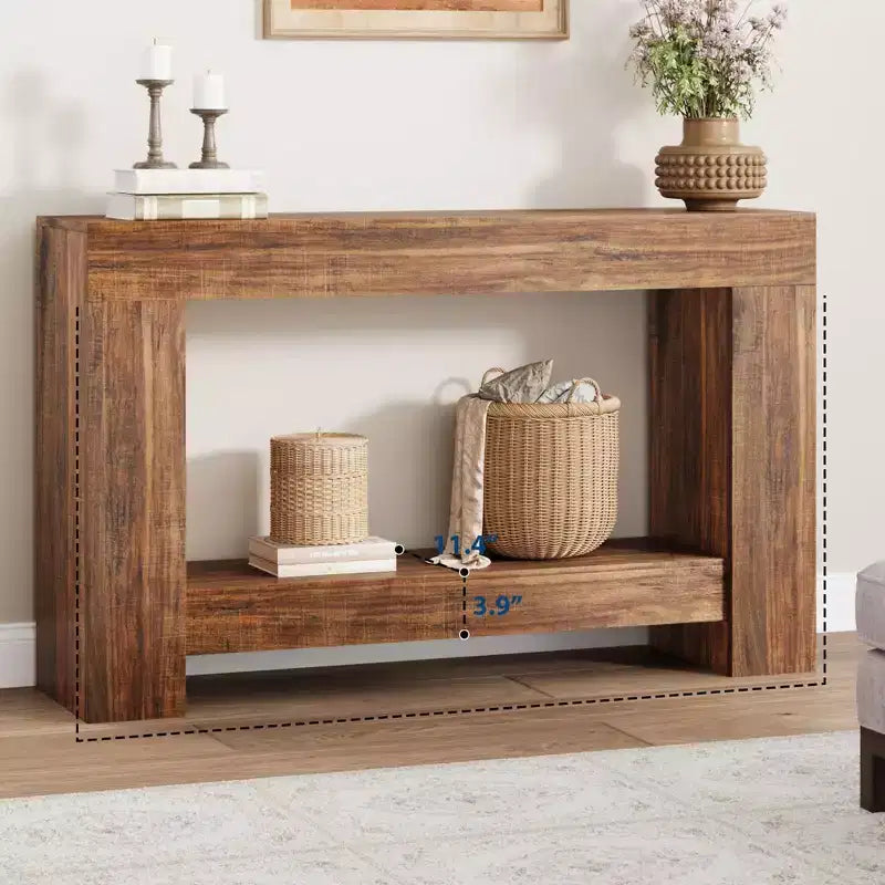 Console à 2 niveaux de 47 po avec étagère de rangement, style rustique