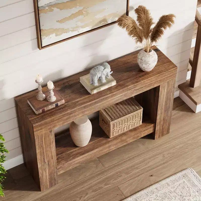 Console à 2 niveaux de 47 po avec étagère de rangement, style rustique