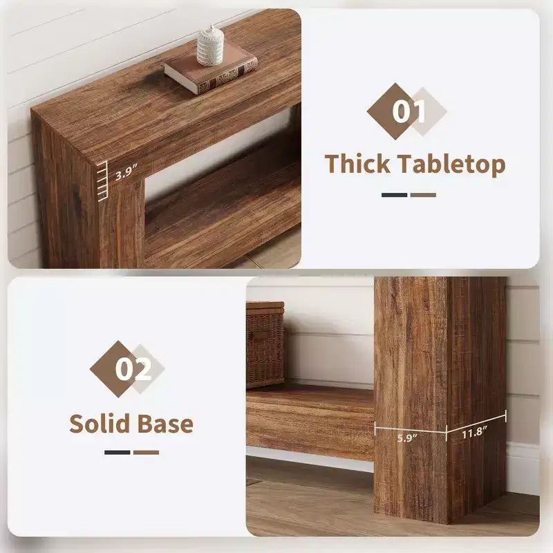 Console à 2 niveaux de 47 po avec étagère de rangement, style rustique