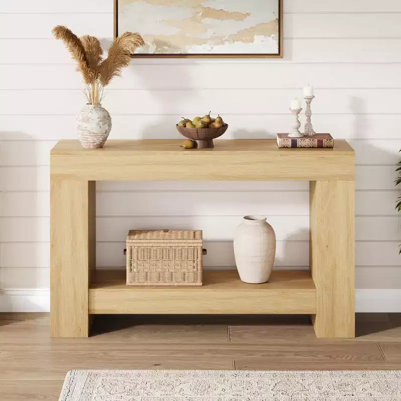 Console à 2 niveaux de 47 po avec étagère de rangement, style rustique