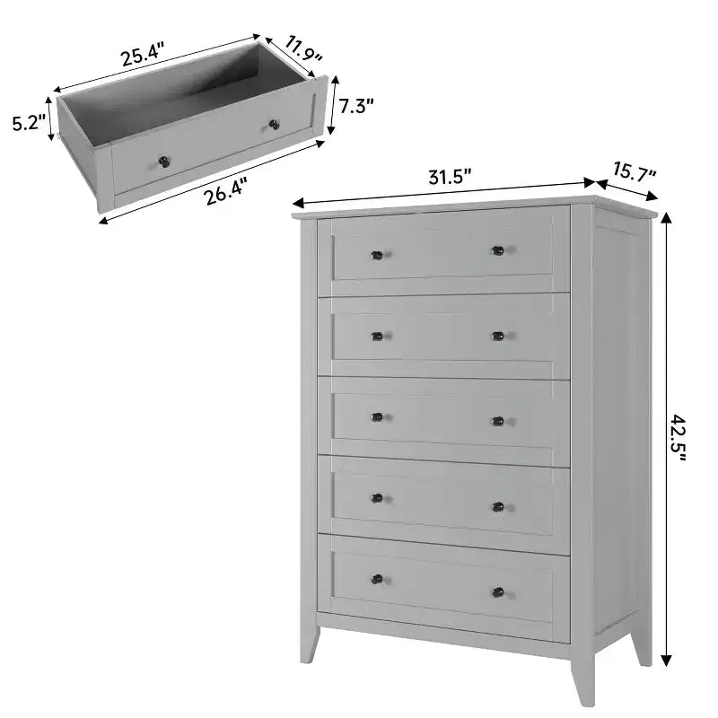 Commode haute 5 tiroirs – Noir / Gris / Blanc, 1 personne