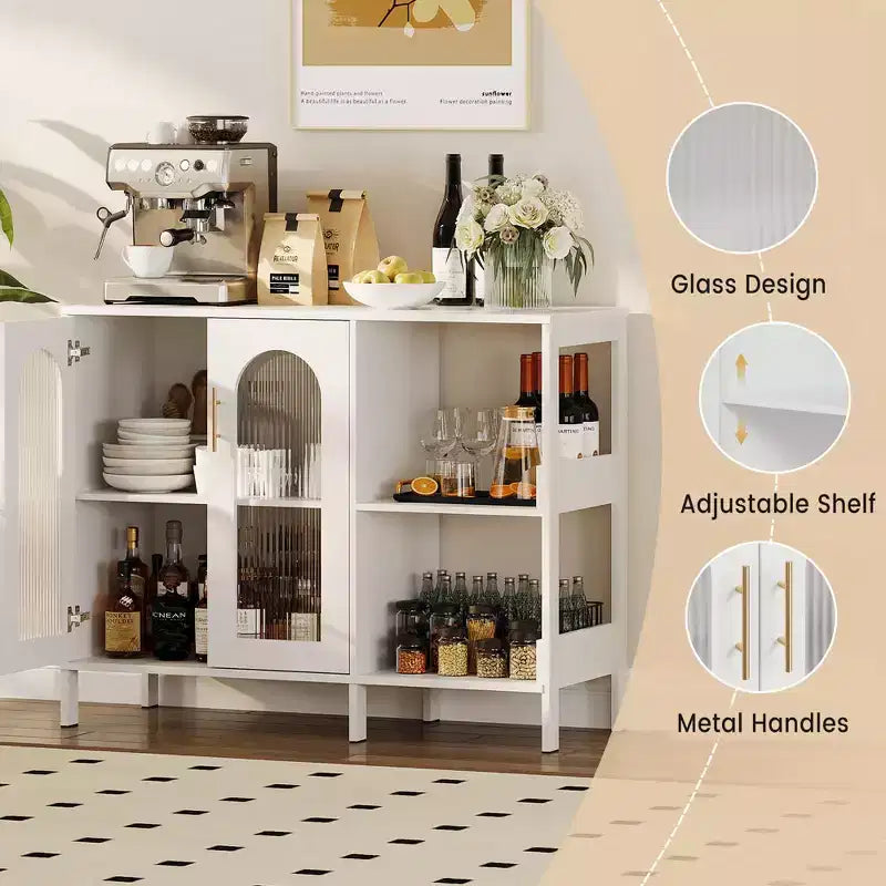 Meuble de rangement blanc à 2 portes en verre ondulé et étagères ouvertes, 2 niveaux (lot de 2)
