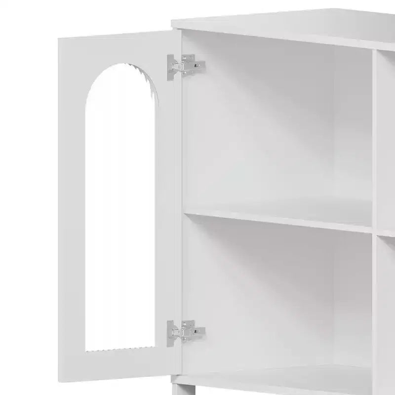 Meuble de rangement blanc à 2 portes en verre ondulé et étagères ouvertes, 2 niveaux (lot de 2)