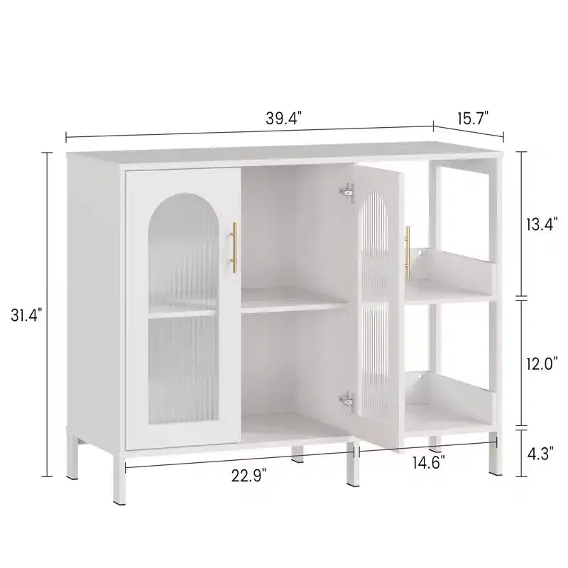 Meuble de rangement blanc à 2 portes en verre ondulé et étagères ouvertes, 2 niveaux (lot de 2)