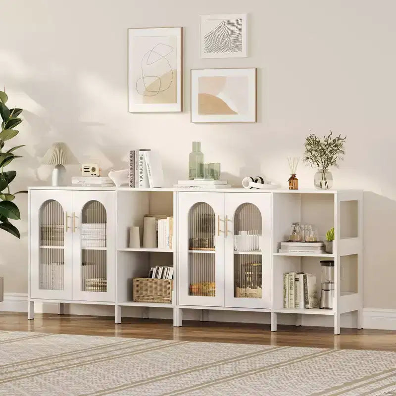 Meuble de rangement blanc à 2 portes en verre ondulé et étagères ouvertes, 2 niveaux (lot de 2)