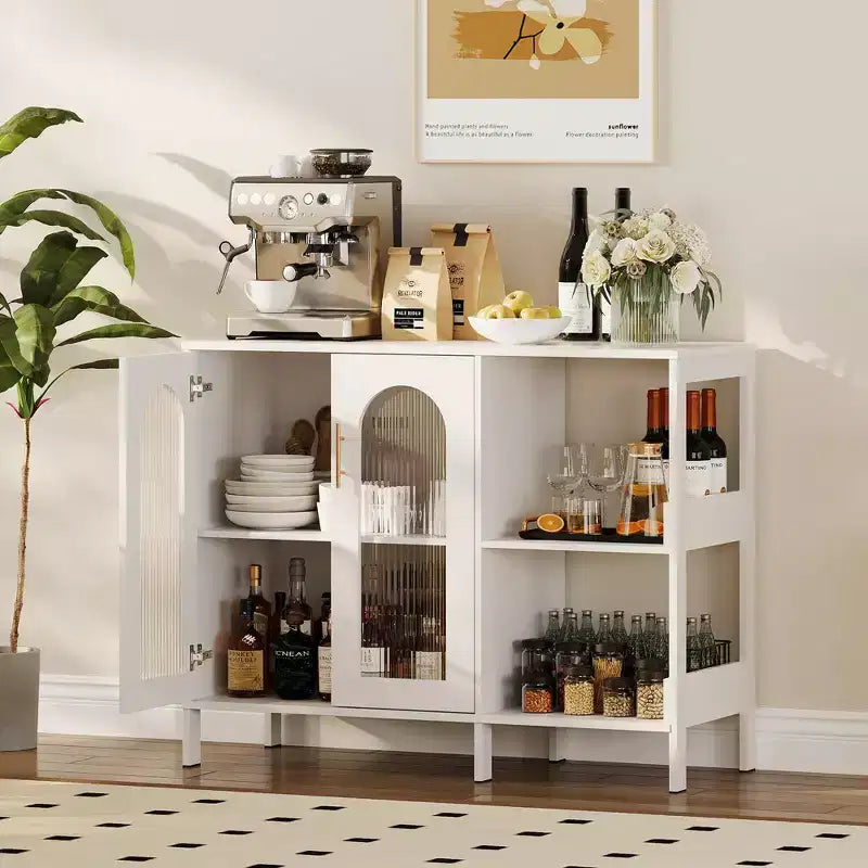 Meuble de rangement blanc à 2 portes en verre ondulé et étagères ouvertes, 2 niveaux (lot de 2)