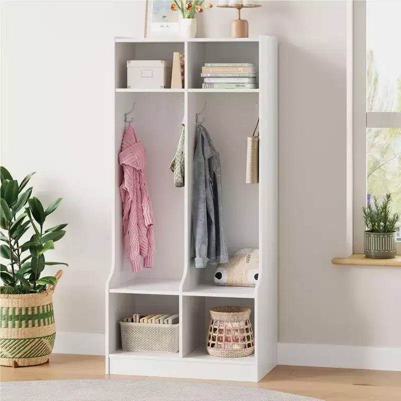 Casier de rangement à 2 sections marron/blanc avec 4 crochets, pour 1 personne