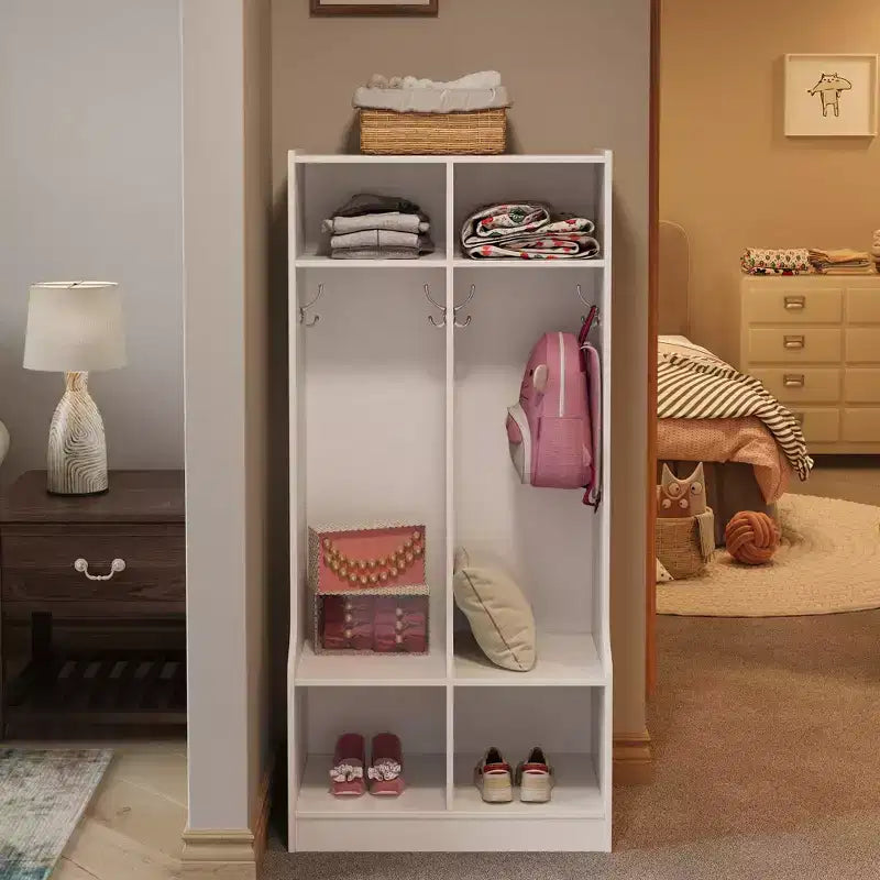 Casier de rangement à 2 sections marron/blanc avec 4 crochets, pour 1 personne
