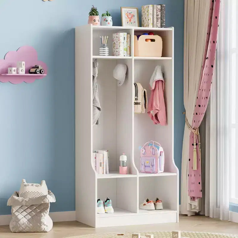 Casier de rangement à 2 sections marron/blanc avec 4 crochets, pour 1 personne