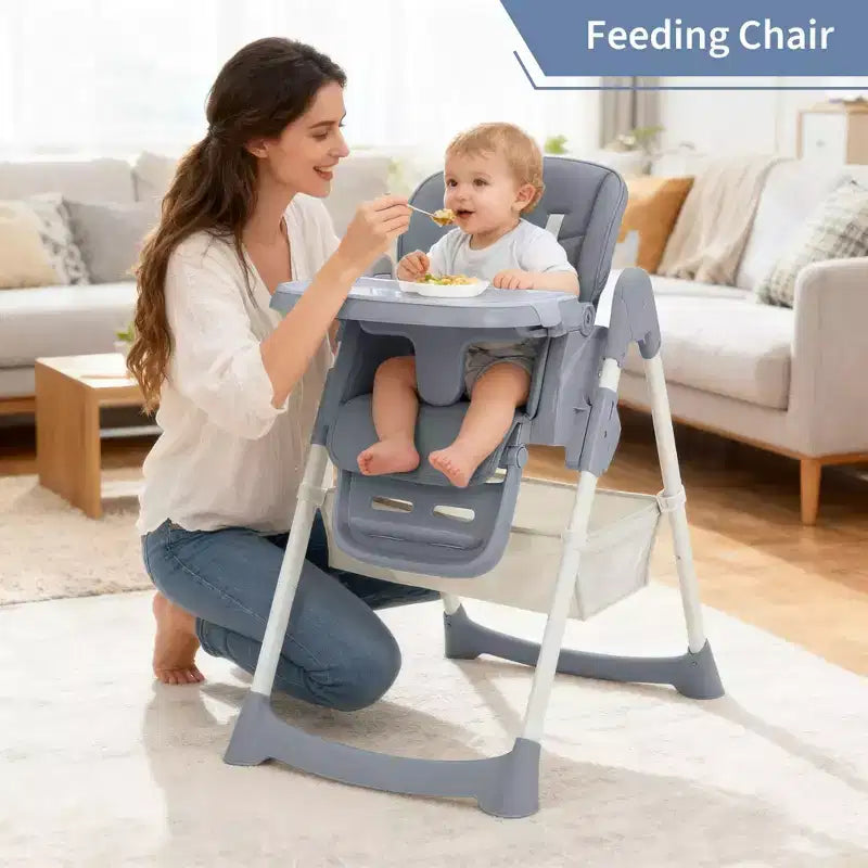 Chaise haute pliable pour 1 enfant, Champagne/Gris foncé/Gris clair, Rembourrée, Dossier et tablette réglables