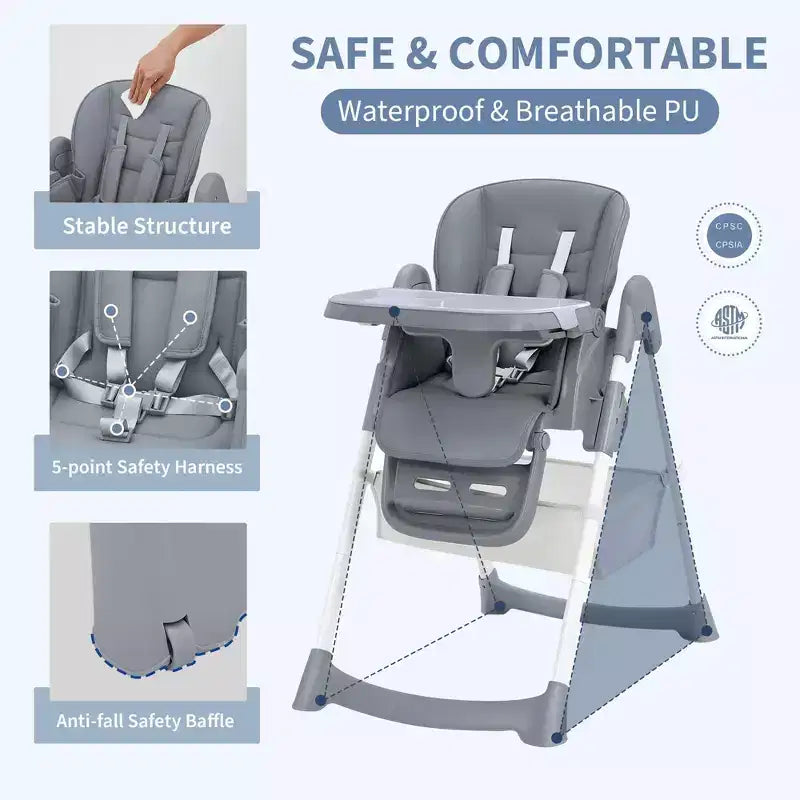 Chaise haute pliable pour 1 enfant, Champagne/Gris foncé/Gris clair, Rembourrée, Dossier et tablette réglables