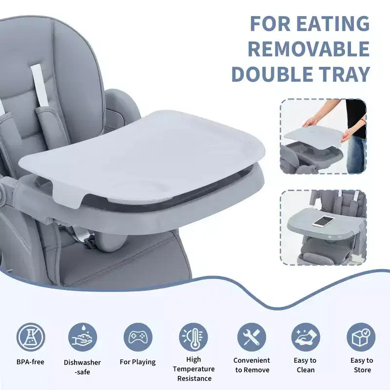 Chaise haute pliable pour 1 enfant, Champagne/Gris foncé/Gris clair, Rembourrée, Dossier et tablette réglables