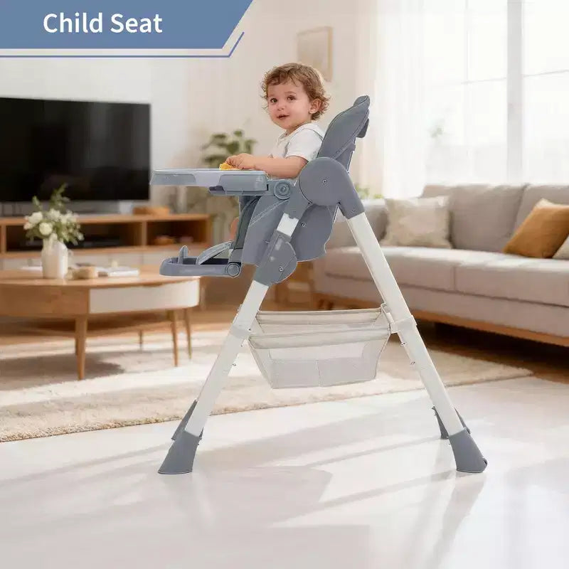 Chaise haute pliable pour 1 enfant, Champagne/Gris foncé/Gris clair, Rembourrée, Dossier et tablette réglables