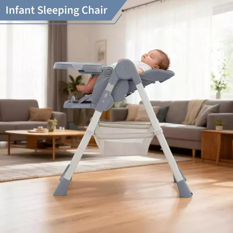 Chaise haute pliable pour 1 enfant, Champagne/Gris foncé/Gris clair, Rembourrée, Dossier et tablette réglables