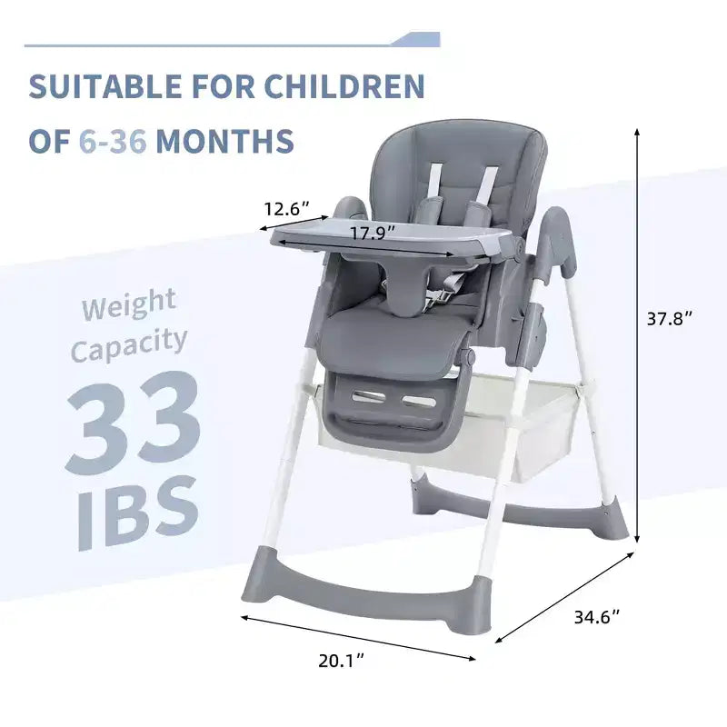 Chaise haute pliable pour 1 enfant, Champagne/Gris foncé/Gris clair, Rembourrée, Dossier et tablette réglables