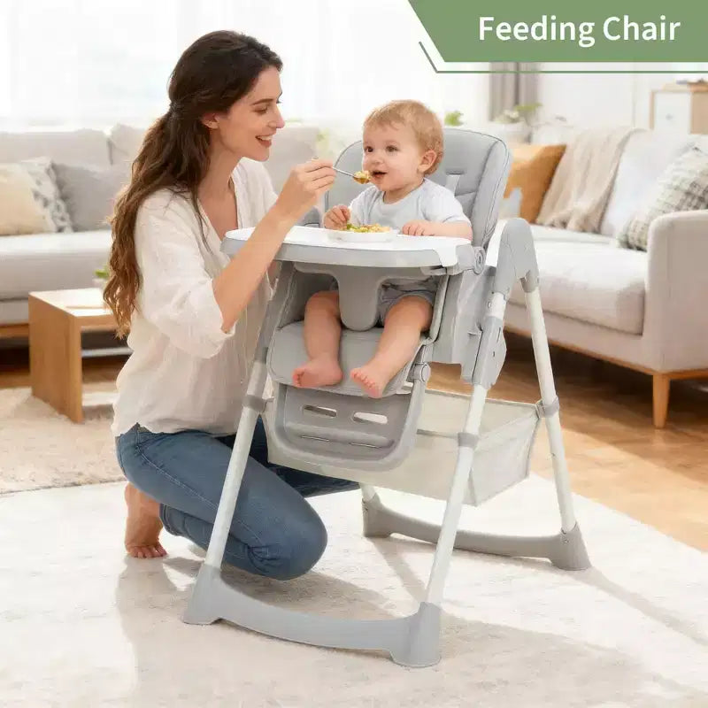 Chaise haute pliable pour 1 enfant, Champagne/Gris foncé/Gris clair, Rembourrée, Dossier et tablette réglables