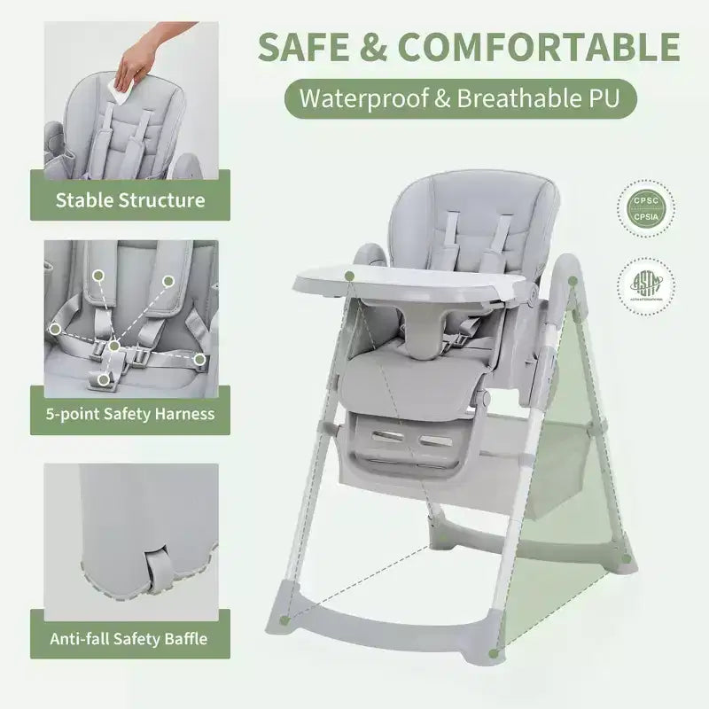Chaise haute pliable pour 1 enfant, Champagne/Gris foncé/Gris clair, Rembourrée, Dossier et tablette réglables