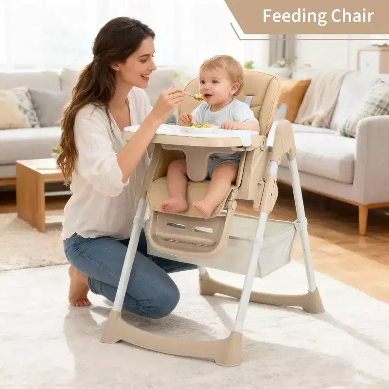 Chaise haute pliable pour 1 enfant, Champagne/Gris foncé/Gris clair, Rembourrée, Dossier et tablette réglables