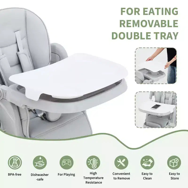 Chaise haute pliable pour 1 enfant, Champagne/Gris foncé/Gris clair, Rembourrée, Dossier et tablette réglables