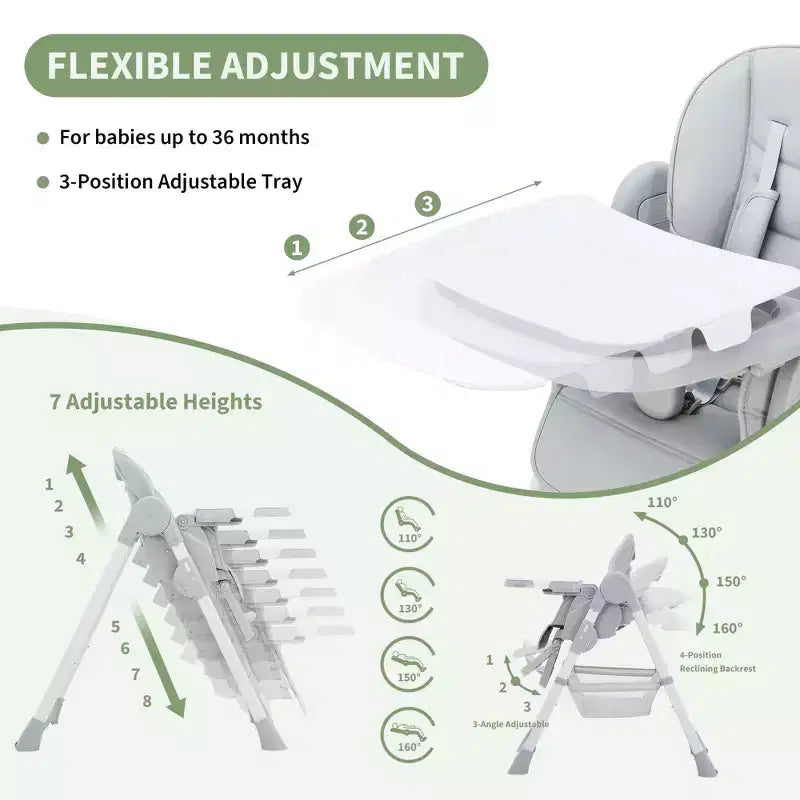 Chaise haute pliable pour 1 enfant, Champagne/Gris foncé/Gris clair, Rembourrée, Dossier et tablette réglables