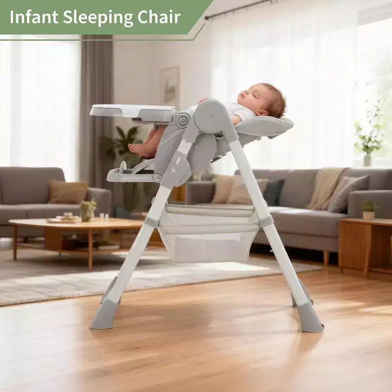 Chaise haute pliable pour 1 enfant, Champagne/Gris foncé/Gris clair, Rembourrée, Dossier et tablette réglables