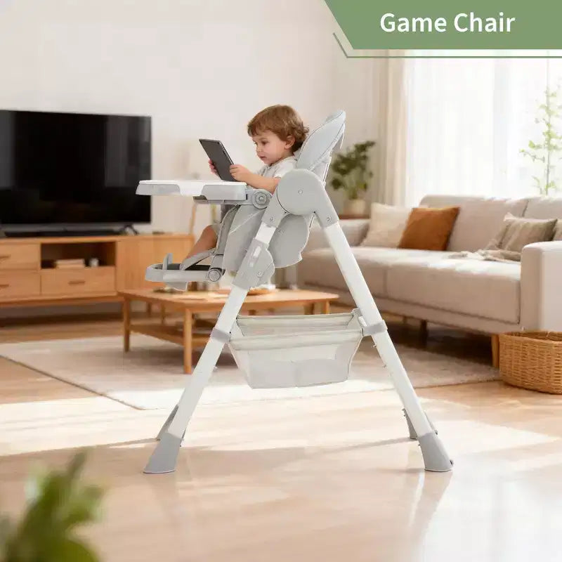 Chaise haute pliable pour 1 enfant, Champagne/Gris foncé/Gris clair, Rembourrée, Dossier et tablette réglables