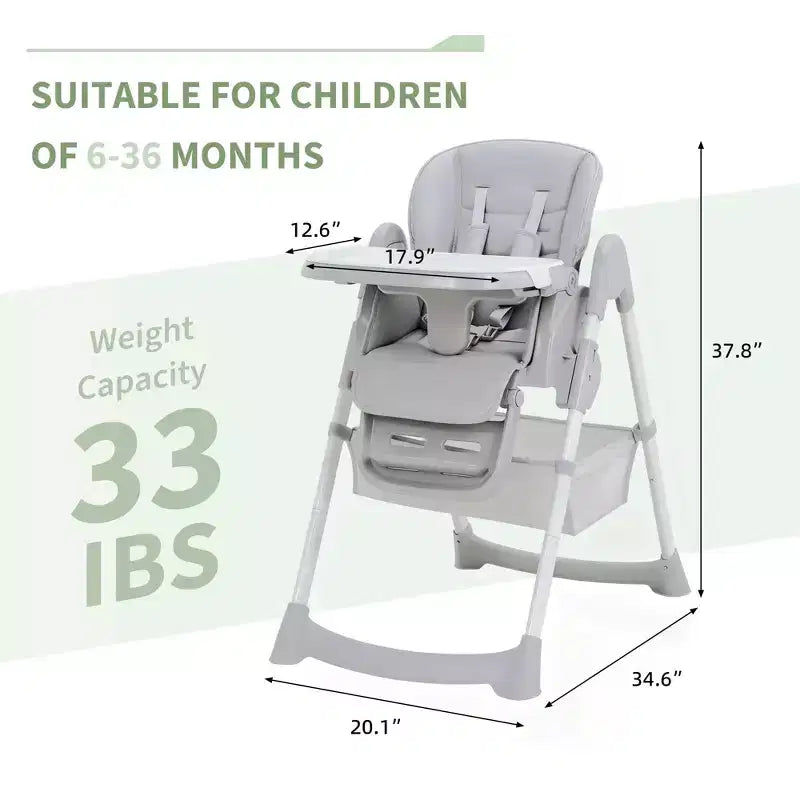 Chaise haute pliable pour 1 enfant, Champagne/Gris foncé/Gris clair, Rembourrée, Dossier et tablette réglables