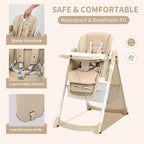 Chaise haute pliable pour 1 enfant, Champagne/Gris foncé/Gris clair, Rembourrée, Dossier et tablette réglables