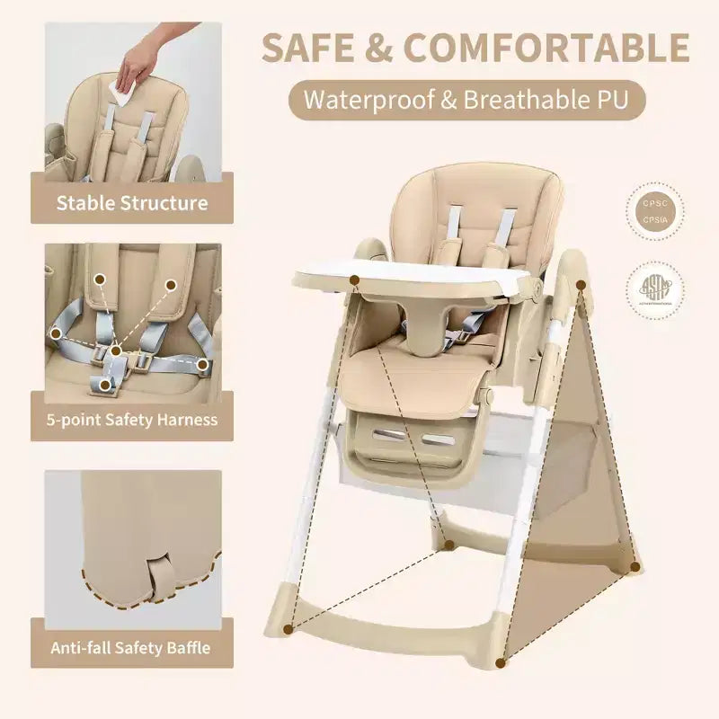 Chaise haute pliable pour 1 enfant, Champagne/Gris foncé/Gris clair, Rembourrée, Dossier et tablette réglables