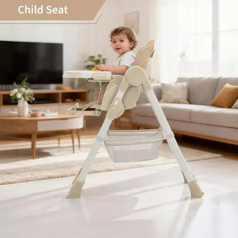Chaise haute pliable pour 1 enfant, Champagne/Gris foncé/Gris clair, Rembourrée, Dossier et tablette réglables