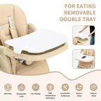 Chaise haute pliable pour 1 enfant, Champagne/Gris foncé/Gris clair, Rembourrée, Dossier et tablette réglables
