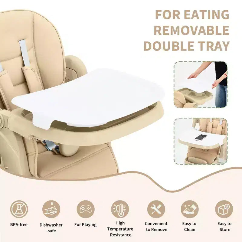 Chaise haute pliable pour 1 enfant, Champagne/Gris foncé/Gris clair, Rembourrée, Dossier et tablette réglables