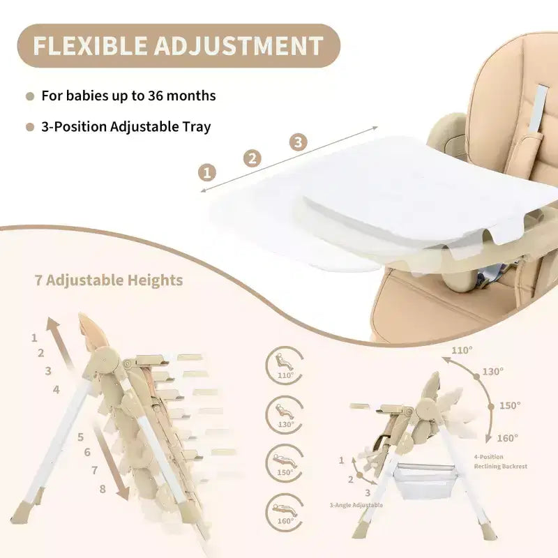 Chaise haute pliable pour 1 enfant, Champagne/Gris foncé/Gris clair, Rembourrée, Dossier et tablette réglables