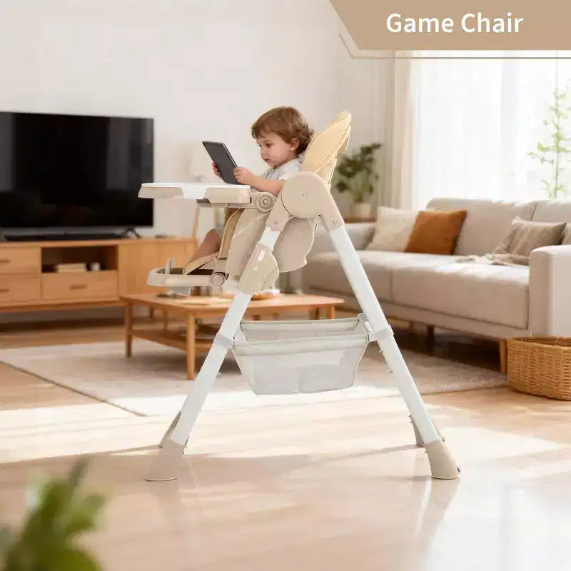 Chaise haute pliable pour 1 enfant, Champagne/Gris foncé/Gris clair, Rembourrée, Dossier et tablette réglables