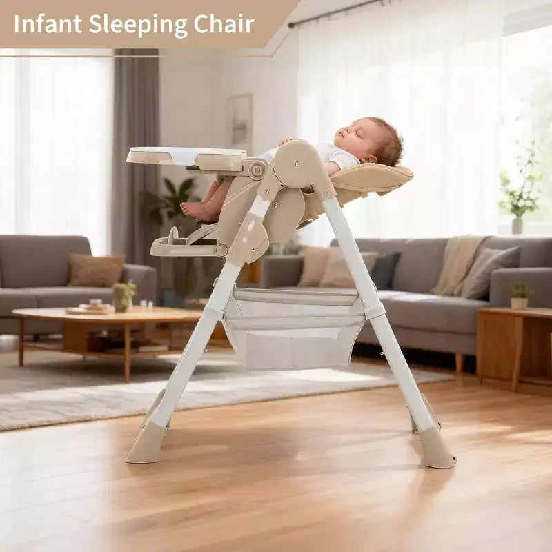 Chaise haute pliable pour 1 enfant, Champagne/Gris foncé/Gris clair, Rembourrée, Dossier et tablette réglables