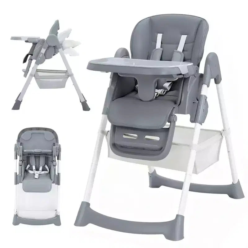 Chaise haute pliable pour 1 enfant, Champagne/Gris foncé/Gris clair, Rembourrée, Dossier et tablette réglables