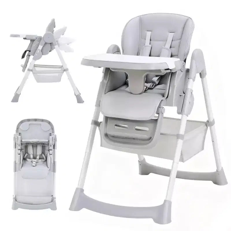 Chaise haute pliable pour 1 enfant, Champagne/Gris foncé/Gris clair, Rembourrée, Dossier et tablette réglables