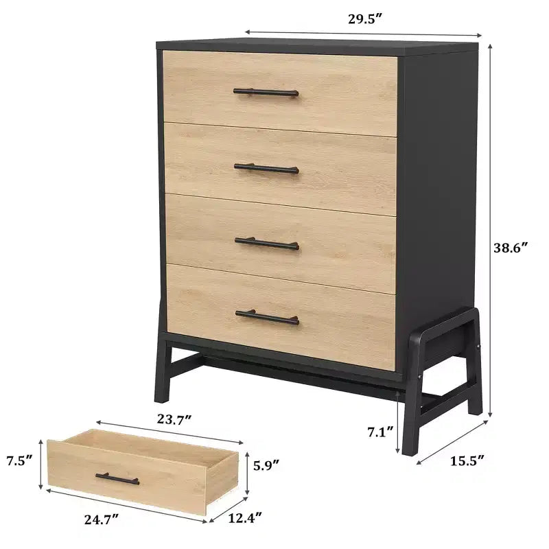 Commode noire / chêne naturel à 4 tiroirs, individuelle