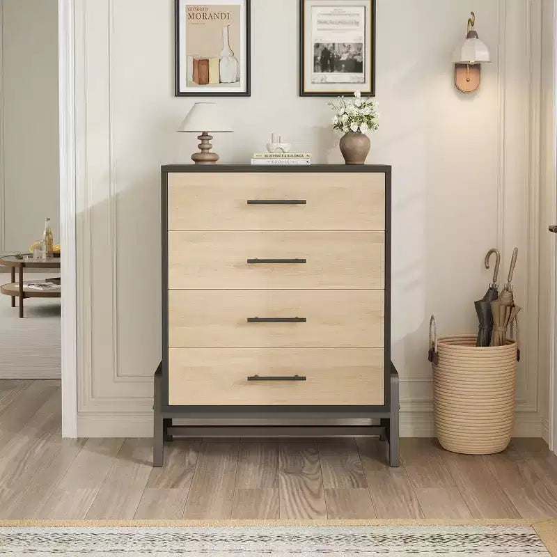 Commode noire / chêne naturel à 4 tiroirs, individuelle