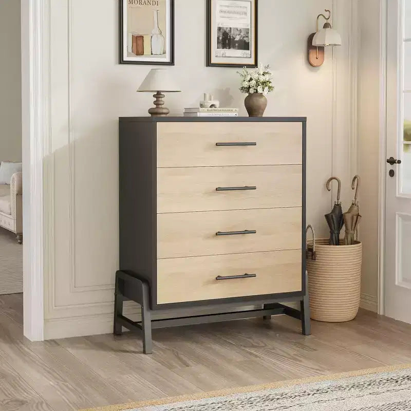 Commode noire / chêne naturel à 4 tiroirs, individuelle