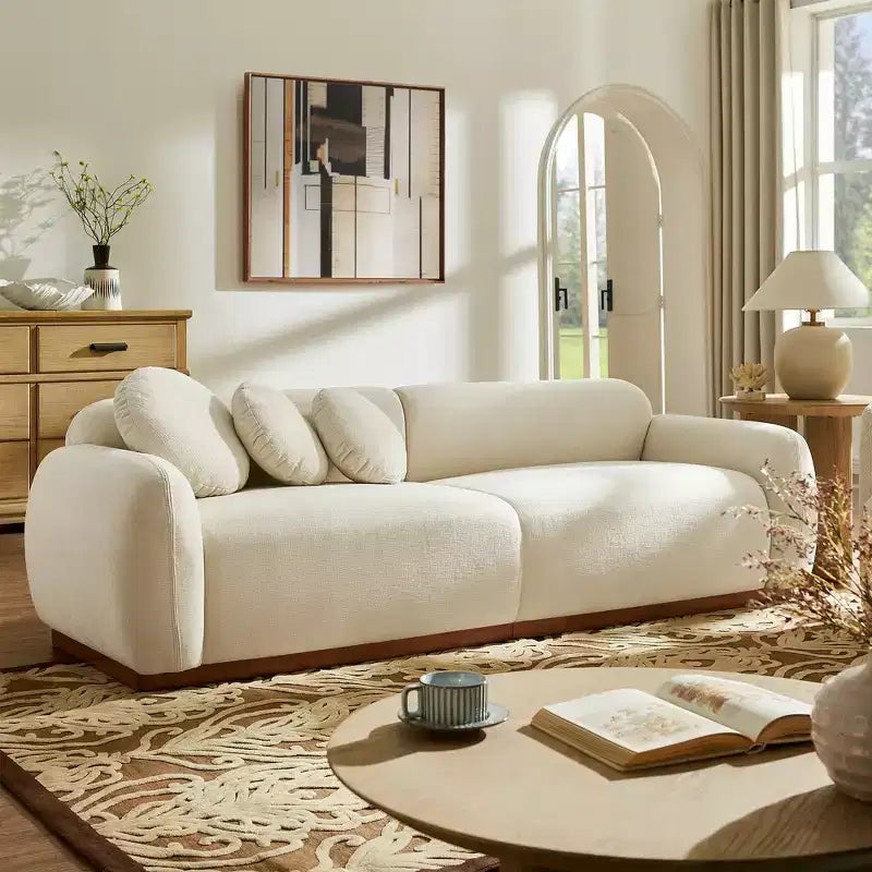 Modern Cream White Chenille Cloud Couch, Ultra-Thick High Resilience Cushion with 3 Matching Pillows, 3-Seater Couch Sofa for Living Room-Morden Fort