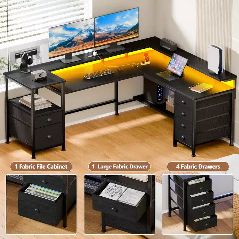 Bureau d'angle noir 2 personnes avec lumières LED et rangements, 169 cm