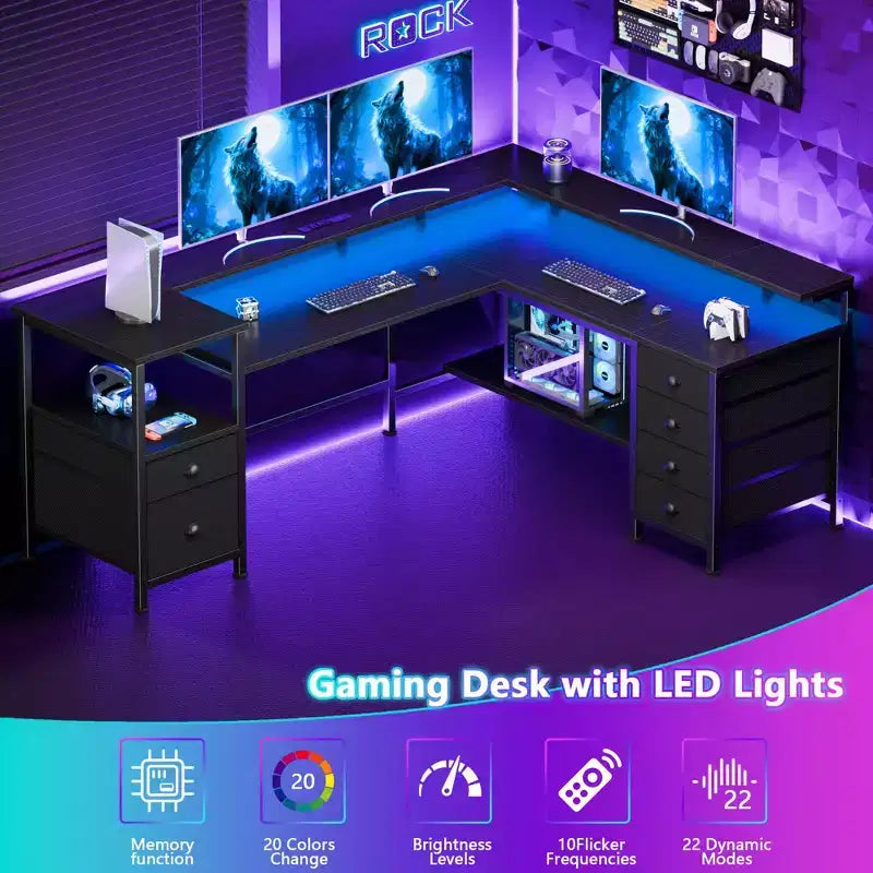 Bureau d'angle noir 2 personnes avec lumières LED et rangements, 169 cm