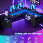 Bureau d'angle noir 2 personnes avec lumières LED et rangements, 169 cm