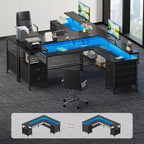 Bureau d'angle noir 2 personnes avec lumières LED et rangements, 169 cm