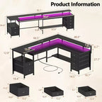Bureau d'angle noir 2 personnes avec lumières LED et rangements, 169 cm
