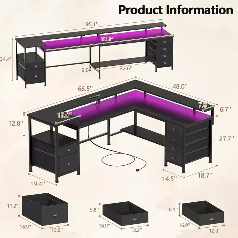 Bureau d'angle noir 2 personnes avec lumières LED et rangements, 169 cm