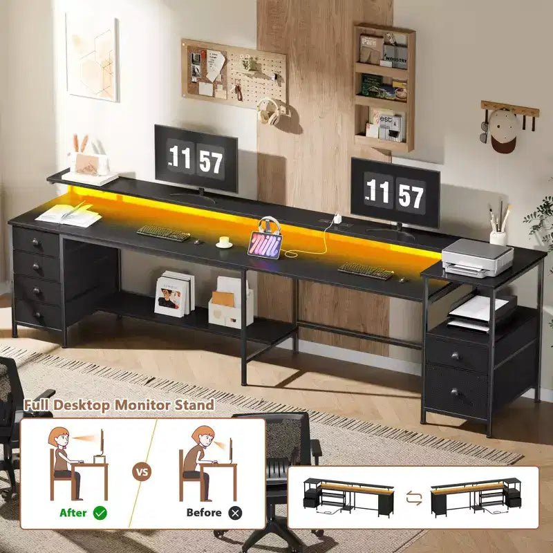Bureau d'angle noir 2 personnes avec lumières LED et rangements, 169 cm