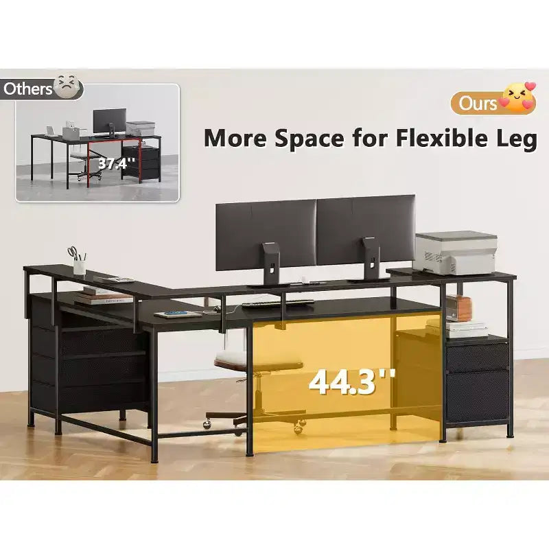 Bureau d'angle noir 2 personnes avec lumières LED et rangements, 169 cm